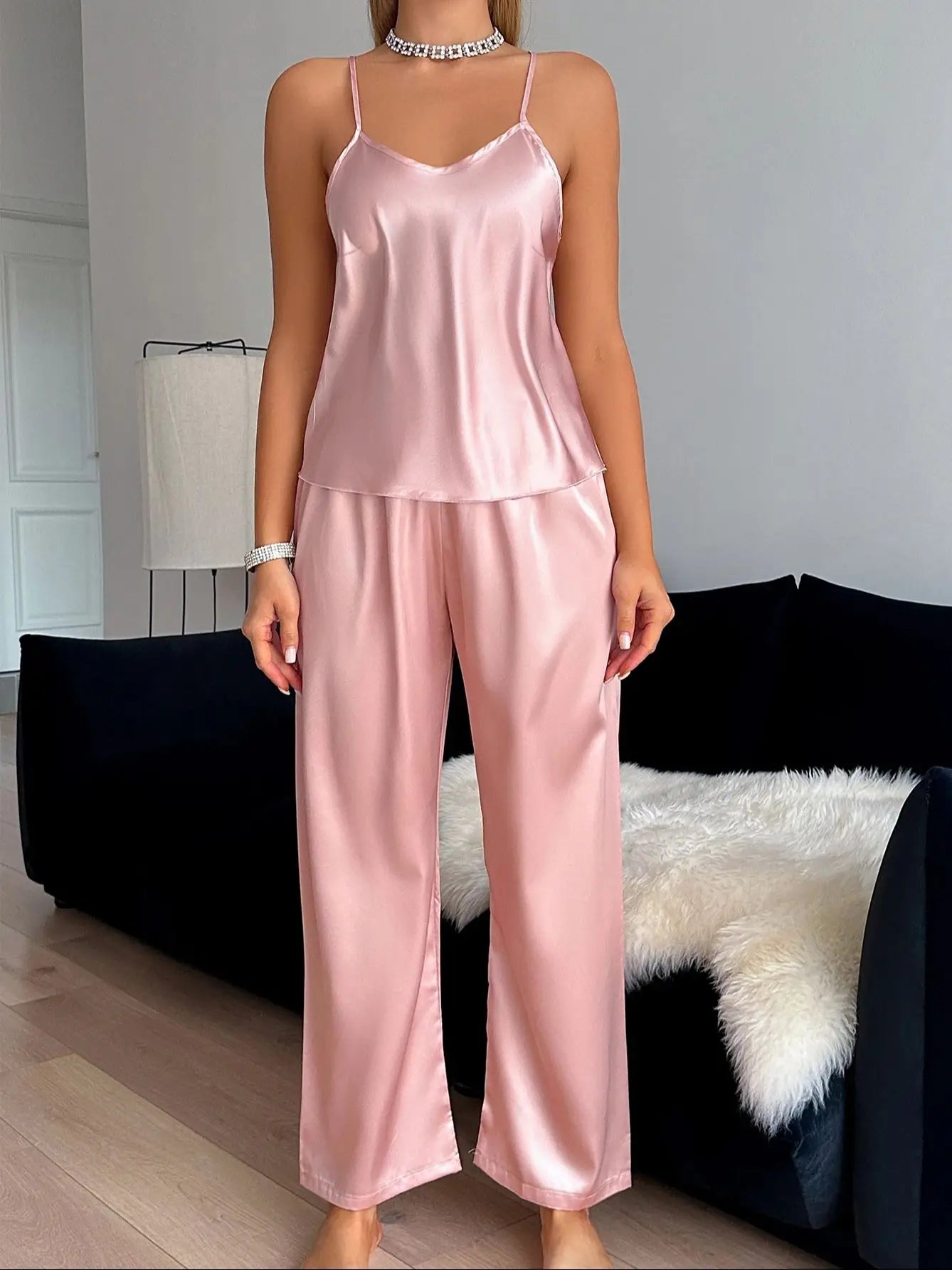 Satin Cami & Wide-Leg Pants Pajama Set — V-Neck Sleeveless | Women's 2-Piece Sleepwear
