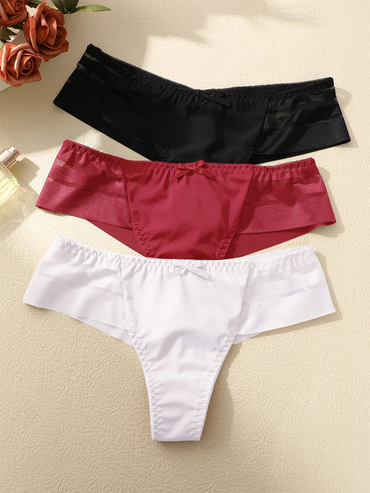 3-Pack Lace Hollow-Out Bow Thongs — Silky Low-Rise G-String Panties
