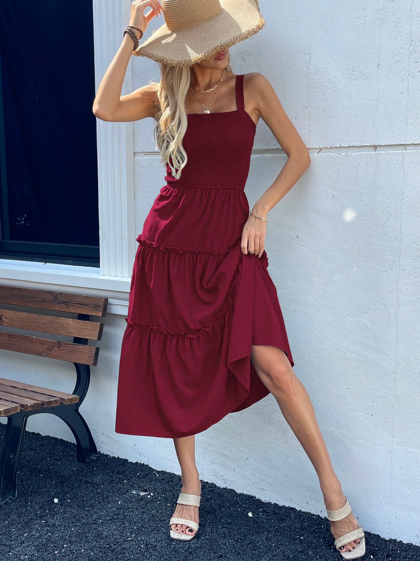 Women's Ruched Bust Ruffle Hem Sleeveless Slip Dress - Summer Sexy Bodycon Tube Strap Dress for Party Beachwear