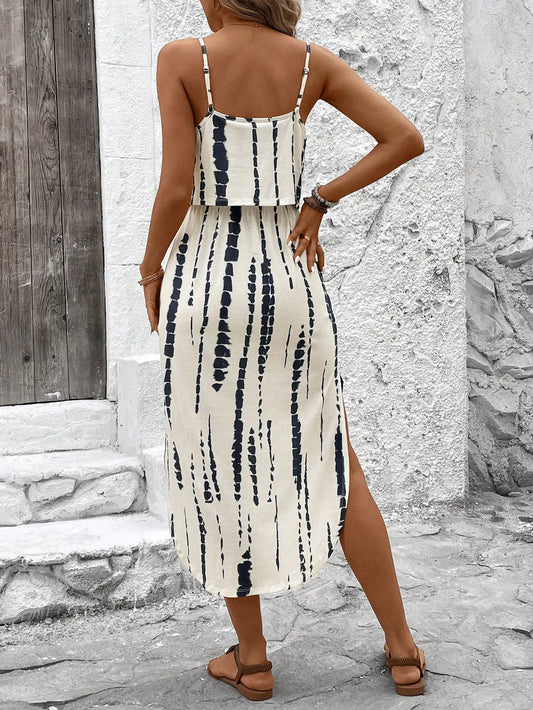 Spaghetti Strap Midi Dress with Belt & Side Slit – Flowy Summer Casual Dress