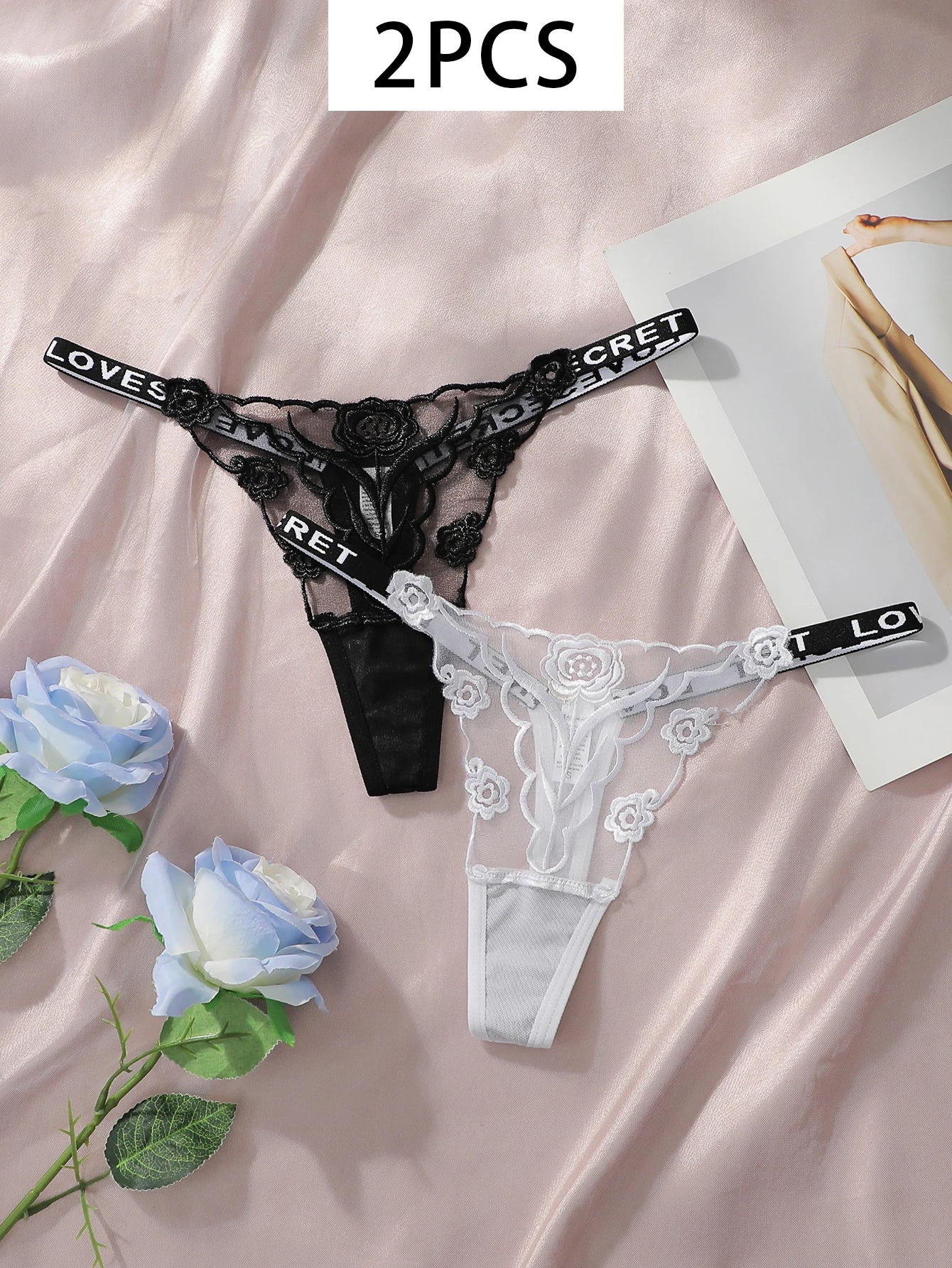 2-Pack Embroidered Rose Thong Set — Sheer Mesh G-String | Women's Sexy Lingerie