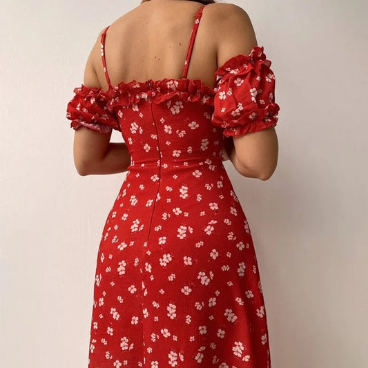 Floral Off-Shoulder Midi Dress – Short Sleeve Backless Split Slim Fit