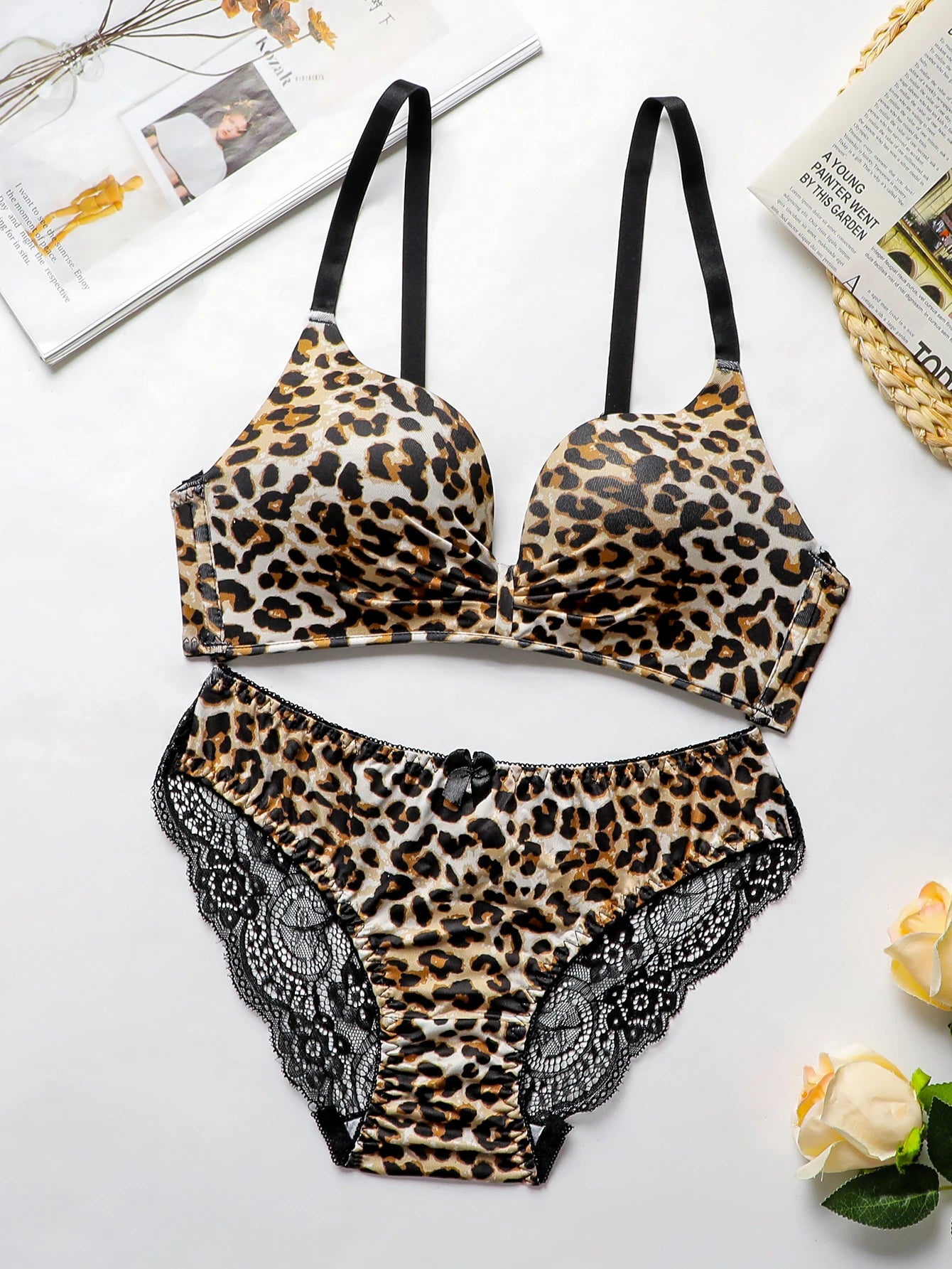 Leopard Print Wire-Free Bra & Bikini Brief Set — Lace Trim 3/4 Cup | Women's Sexy Lingerie