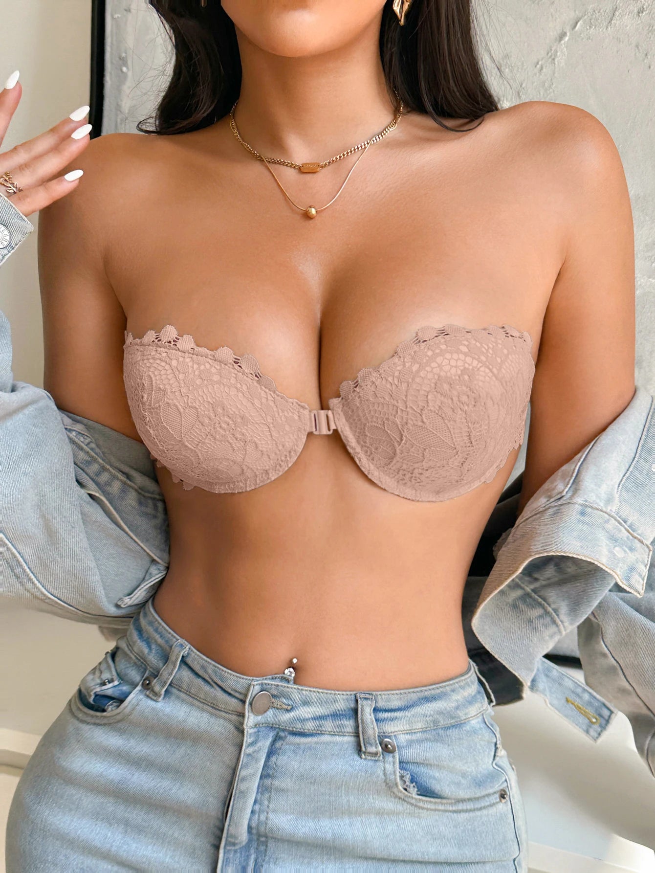 Lace Half-Cup Strapless Push-Up Bra — Front Clasp Non-Slip | Women's Lingerie