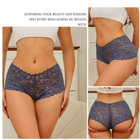 Floral Lace Boyshort Panties – Low-Rise Sexy Underwear for Women (S–XL, 7 Colors)