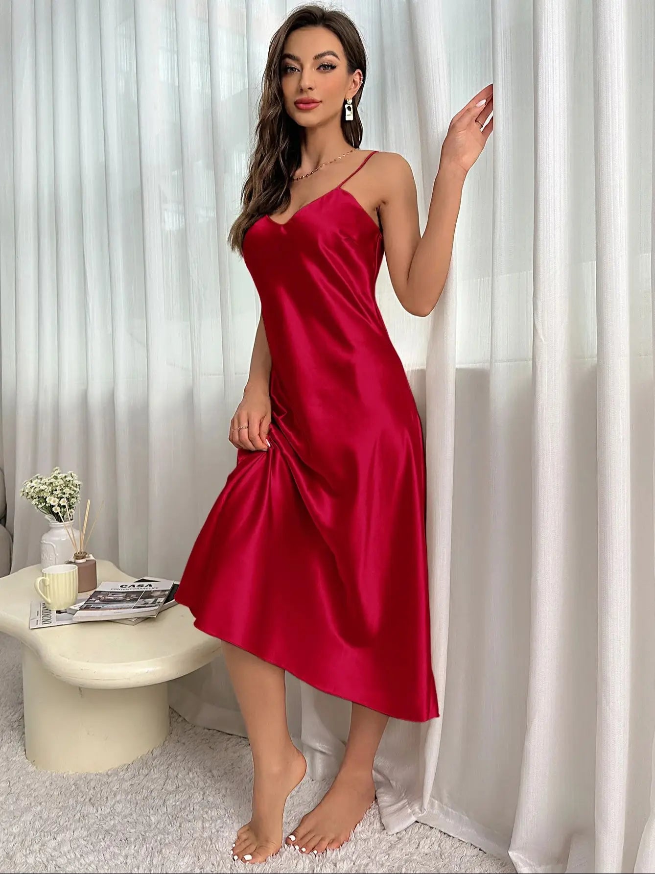 Spaghetti Strap V-Neck Nightdress — Mid-Calf Slip Nightgown | Women's Sleepwear