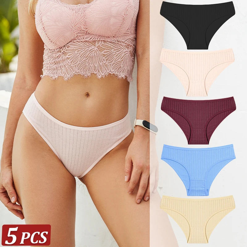 5-Pack Cotton Striped & Solid Brief Panties – Breathable Low-Rise Underwear for Women (M–XL, 12 Color Sets)