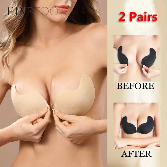 Invisible Stick-On Push-Up Bra — Strapless Seamless Silicone Lift Bra with Front Clasp