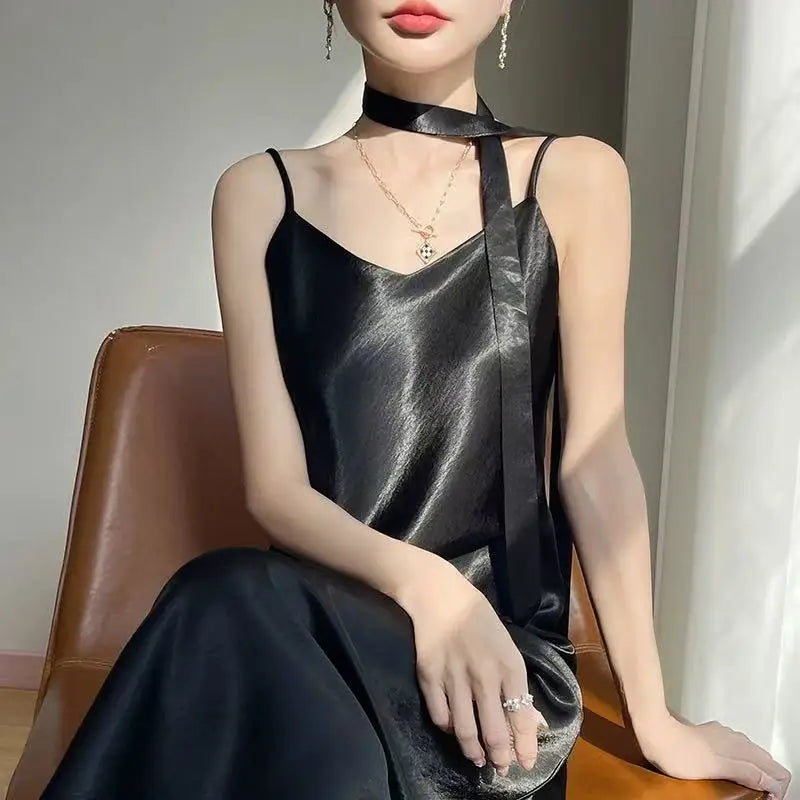 French Elegant Satin Camis Dress Women Summer Loose with Ribbon Midi Dress Female Fashion Aesthetic Party Evening Slip Dress