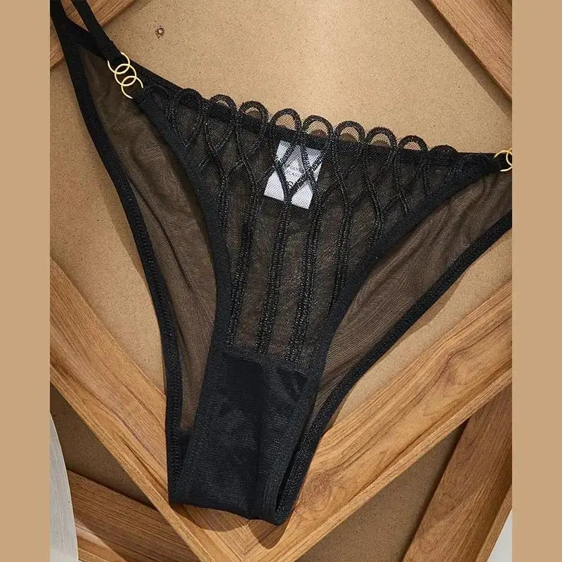French Sheer Mesh Geometric Bra & Brief Set — V-Neck Plunge Gold Ring Detail | Women's Luxury Lingerie