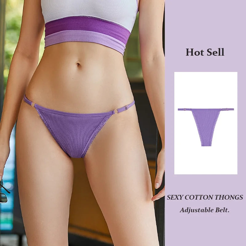 Ice Silk Cotton Thong with Adjustable Belt – Seamless Low-Rise Underwear for Women (S–XL, 8 Colors)