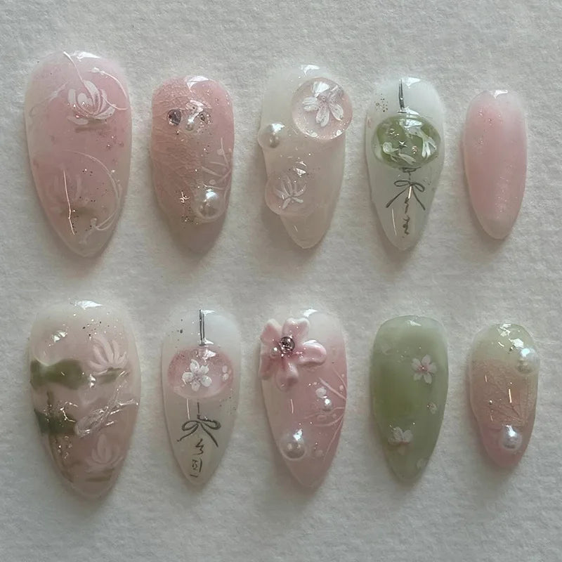 Long Coffin Press-On Nails with Glue – Nude, Pink & Color Designs, 24 Pieces
