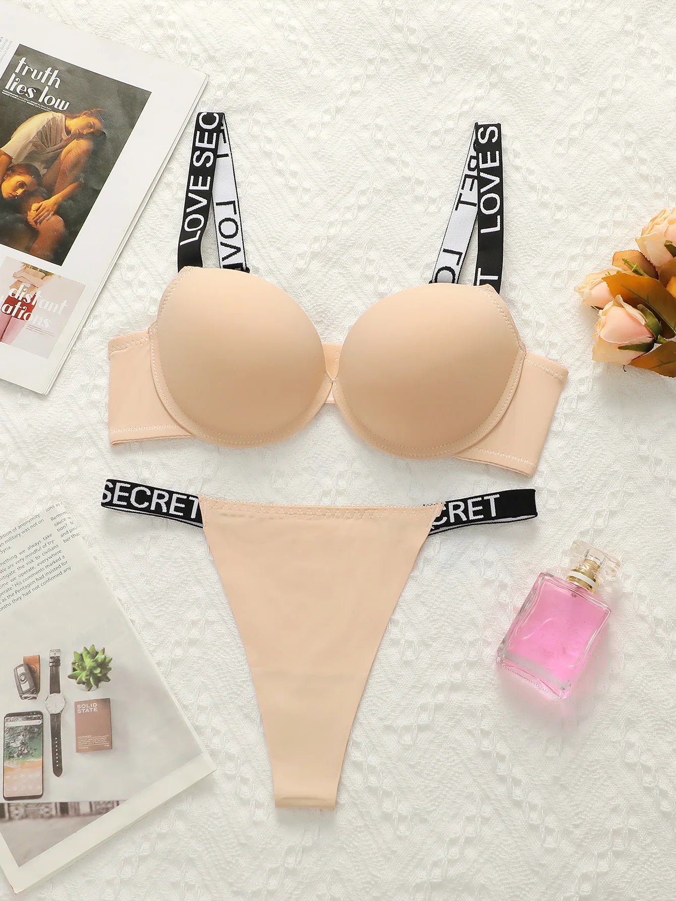 Letter Strap Push-Up Bra & Thong Set — Underwire Half Cup | Women's Sexy Lingerie