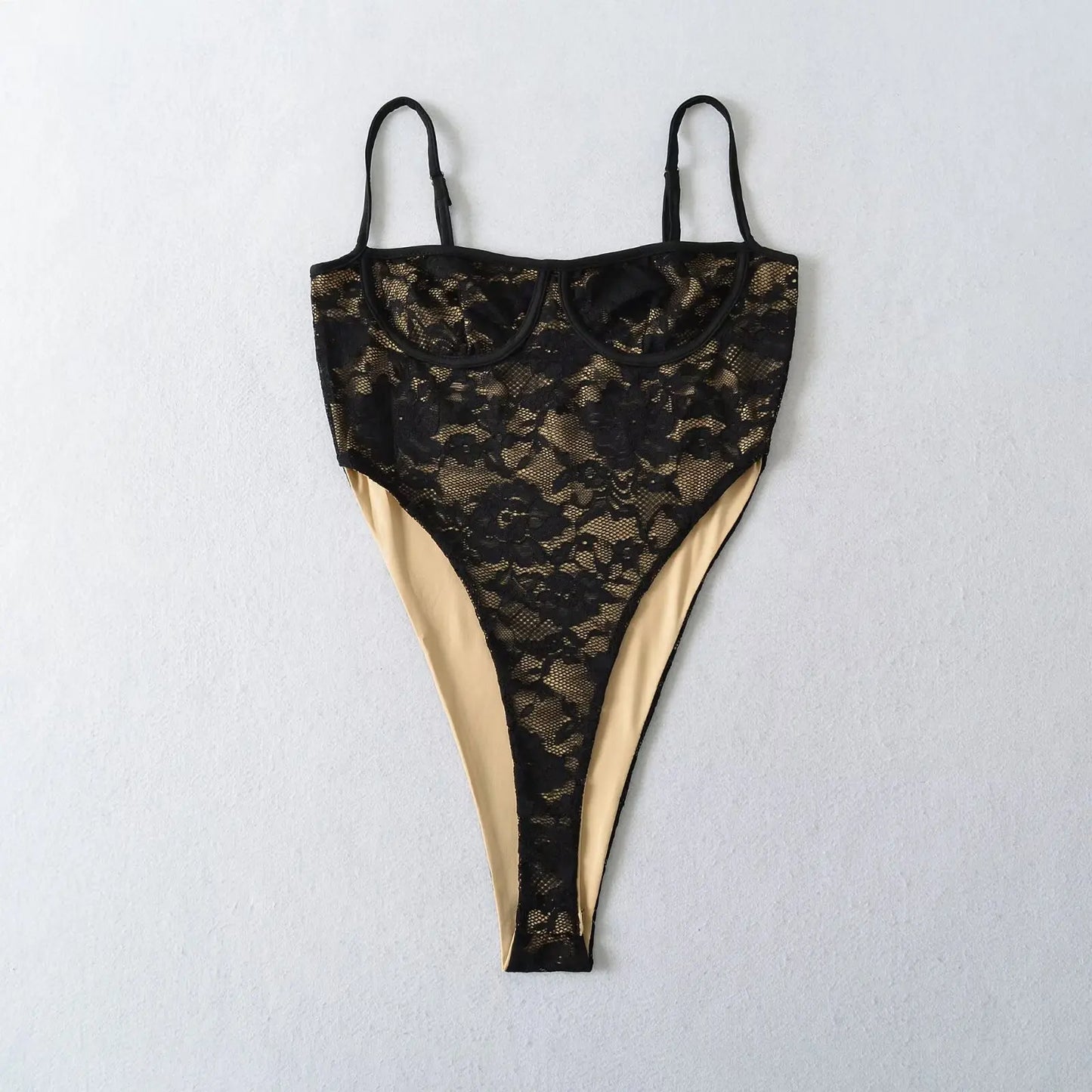 See-Through Lace Bodysuit — High-Cut Thong Spaghetti Strap | Women's Lingerie