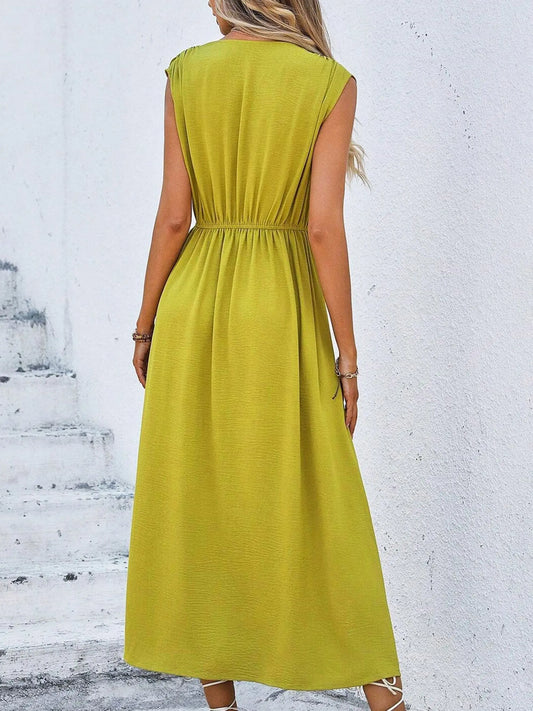 Solid Color Belted A-Line Midi Dress – Sleeveless Elegant Summer Dress for Women
