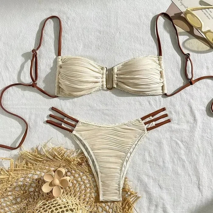 Ruched Bandeau Bikini Set — Brazilian Cut with Metal Detail | Women's Swimwear