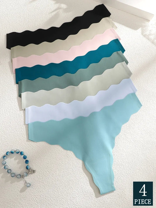 4-Pack Ice Silk Bikini Panties – Seamless Wavy Design for Women (S–XL, 12 Color Sets)
