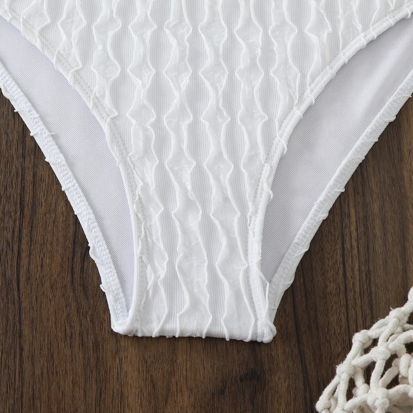 3-Piece Lace Cover-Up Bikini Set — Pearl Strap Triangle Top, High Waist Bottoms & Mesh Cardigan | Women's Swimwear