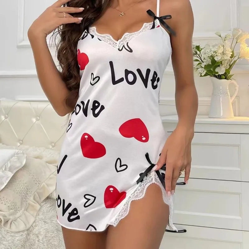 Lace-Edge V-Neck Sling Nightdress – Side-Split Cotton Sleepwear with Love Print (S–XL, 2 Colors)