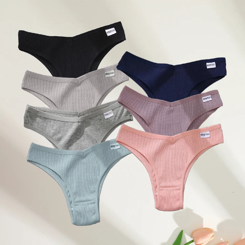 FINETOO 7Pcs Cotton Striped Brazilian Panties Women's Underwear Low-Waist Breathable Briefs Female Low-Rise T-Back Lingerie M-XL