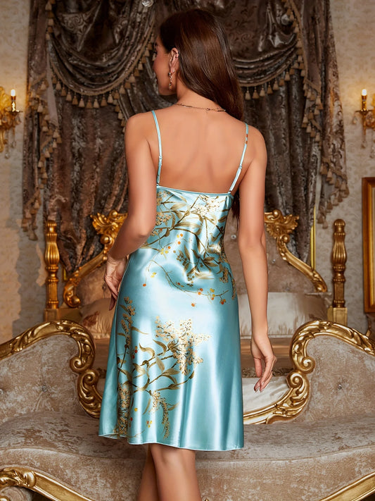 Floral Satin Camisole Nightdress — Draped Cowl Neck Slip Dress | Women's Luxury Sleepwear