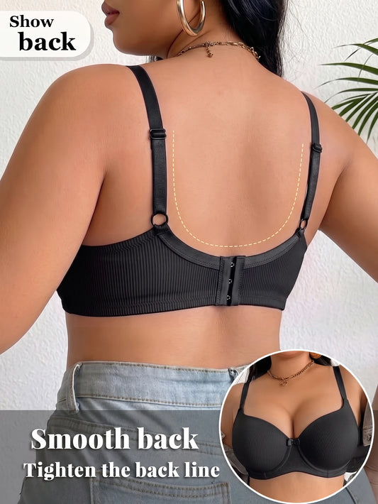 Plus Size Ribbed Push-Up Bra — Wide Strap Underwire Side Gather | Women's Bra