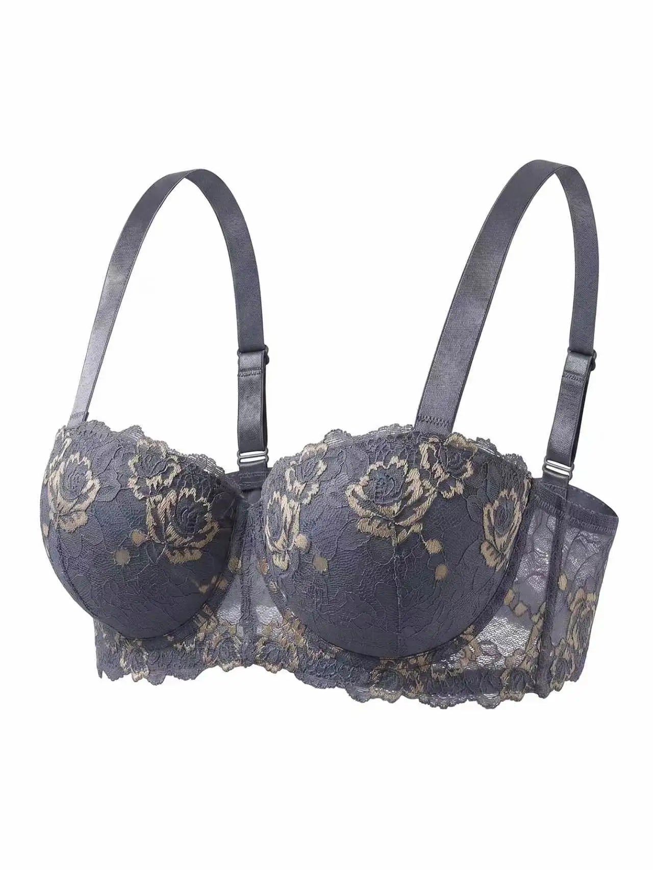 Plus Size Floral Embroidery Push-Up Bra — Wide Strap Underwire | Women's Bra