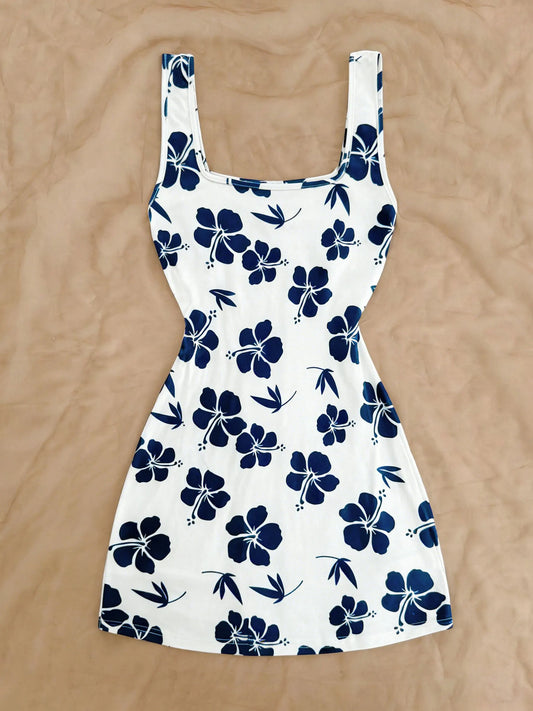 Floral Print U-Neck Open Back Mini Dress – Side Slit Slim Fit | Sexy Vacation Style
