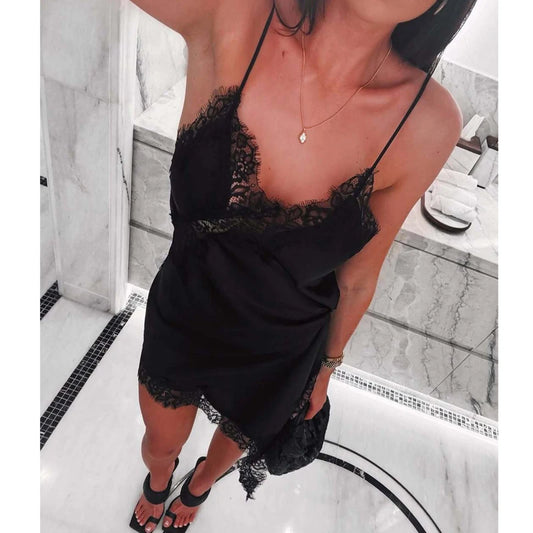 Lace-Trim Satin Slip Dress — Backless Asymmetric V-Neck | Women's Sexy Party Dress