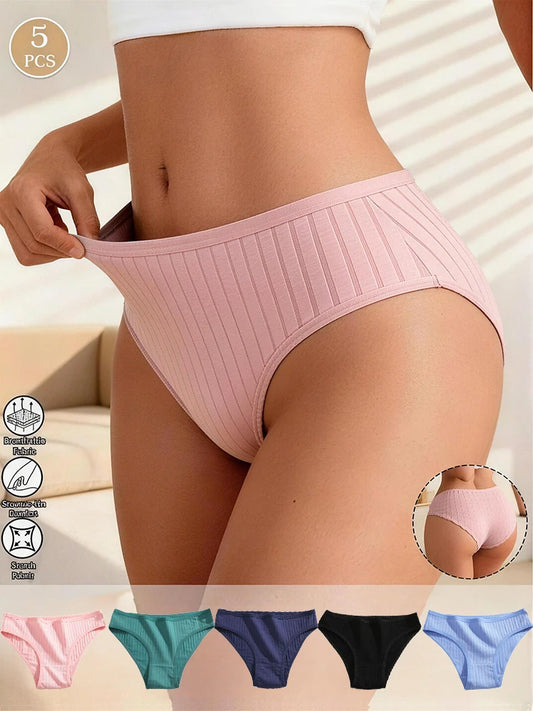 5-Pack Cotton Striped & Solid Brief Panties – Breathable Low-Rise Underwear for Women (M–XL, 12 Color Sets)