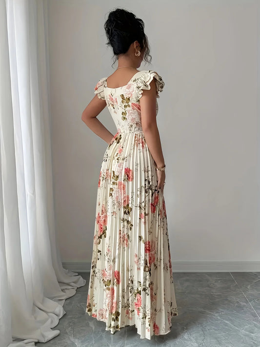 Floral Pleated Midi Dress – Square Neck Ruffle High Waist