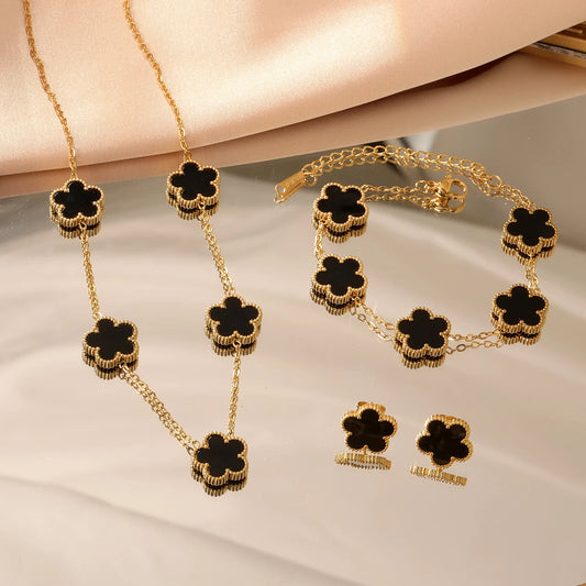 Flower Necklace & Earrings Jewelry Set – Stainless Steel White Shell Clover Bracelet