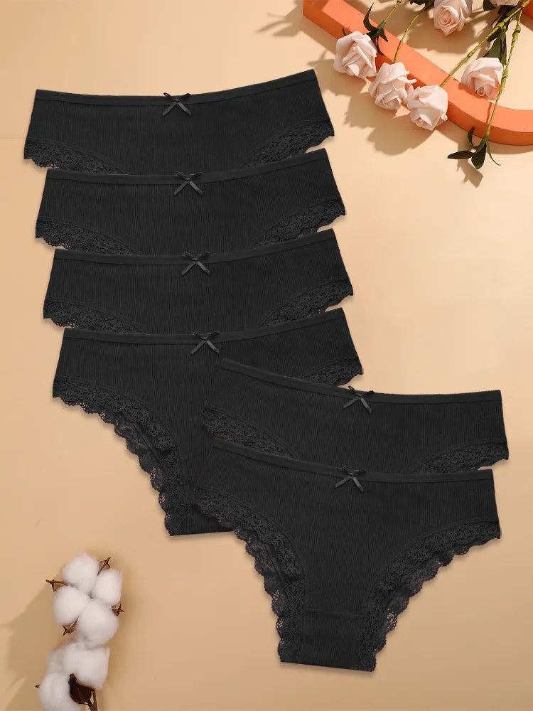 FINETOO 6PCS Women's Cotton Lace Underwear Sexy Crossed Belts Brazilian Panties Female Low Rise Breathable Briefs Soft Lingerie