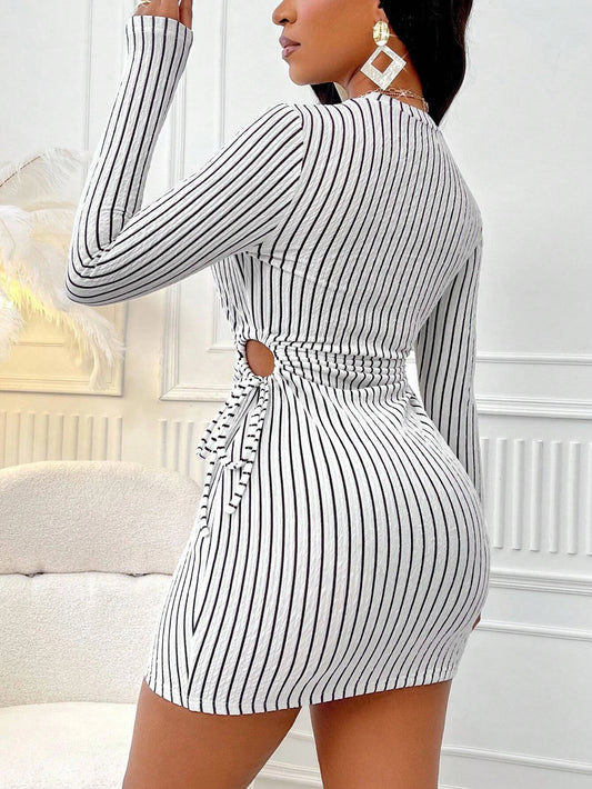 Striped Knit Long Sleeve Mini Dress – Waist Cut-Out Tie, Slim Fit Fall & Winter Dress