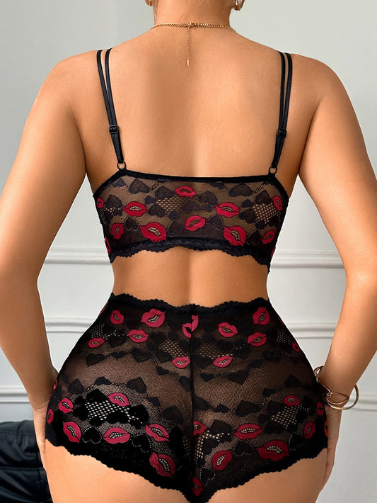 Lip Print Lace Lingerie Set — Crisscross Bra & Panty | Women's Lingerie