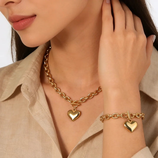 Cubic Love Heart Minimalist Jewelry Set – Stainless Steel Necklace, Earrings & Bracelet