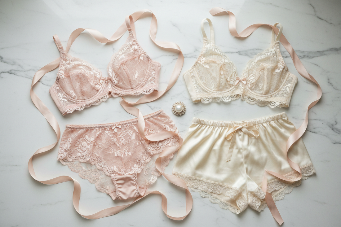 Elegant luxury lingerie flat lay with lace and satin in blush pink and ivory tones