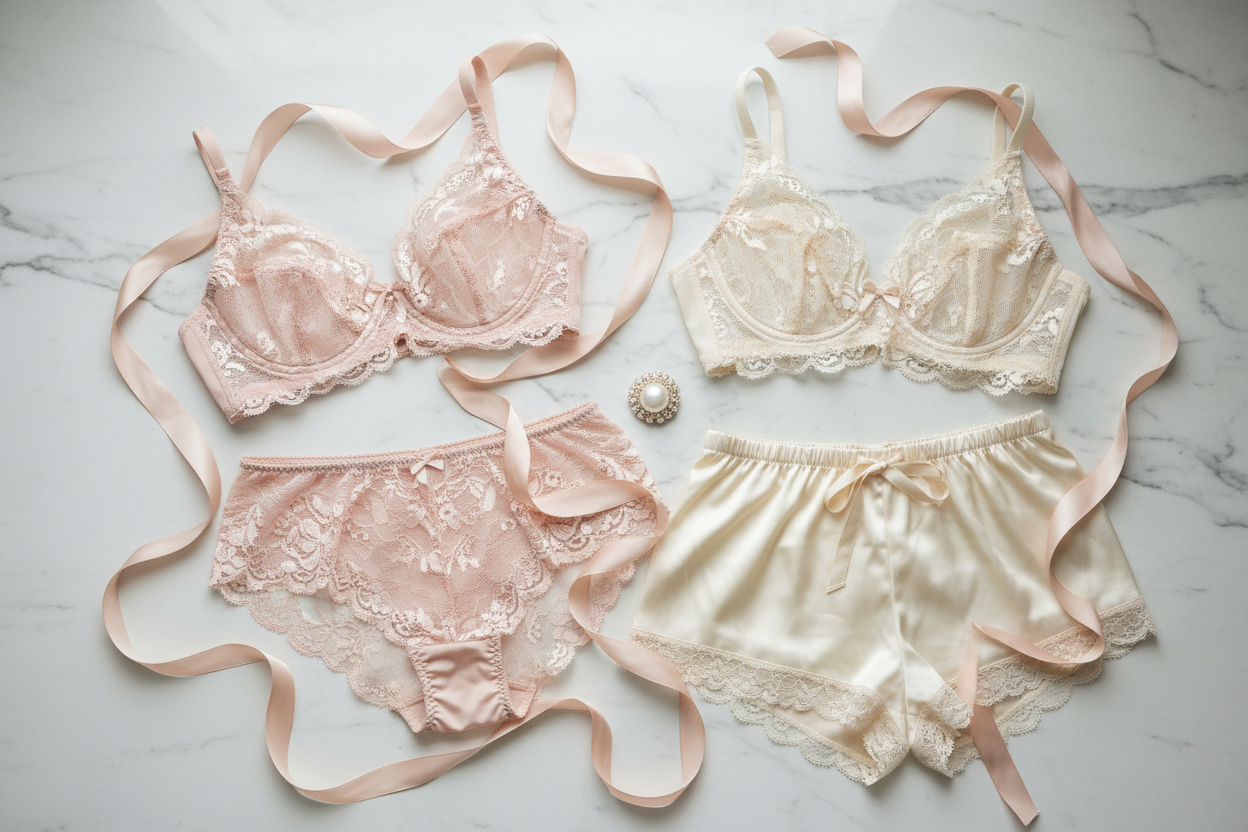 Elegant luxury lingerie flat lay with lace and satin in blush pink and ivory tones