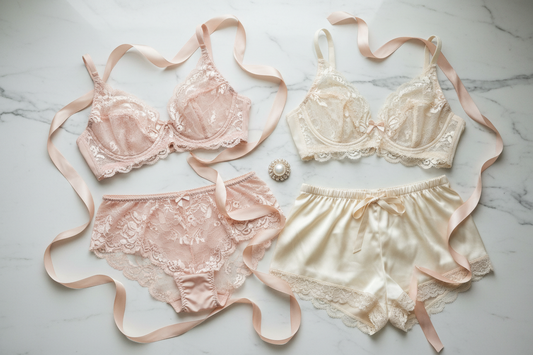 Elegant luxury lingerie flat lay with lace and satin in blush pink and ivory tones