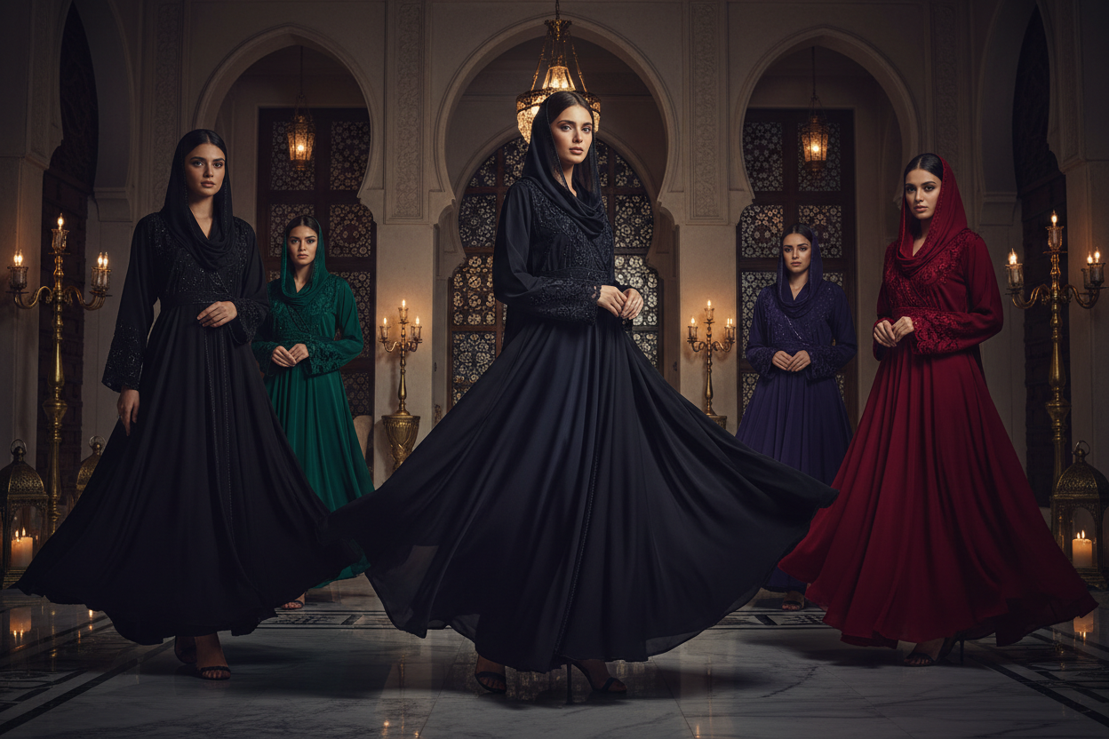 Gulf women wearing luxury embroidered abayas in apricot, purple and green colors in an elegant Arabian courtyard