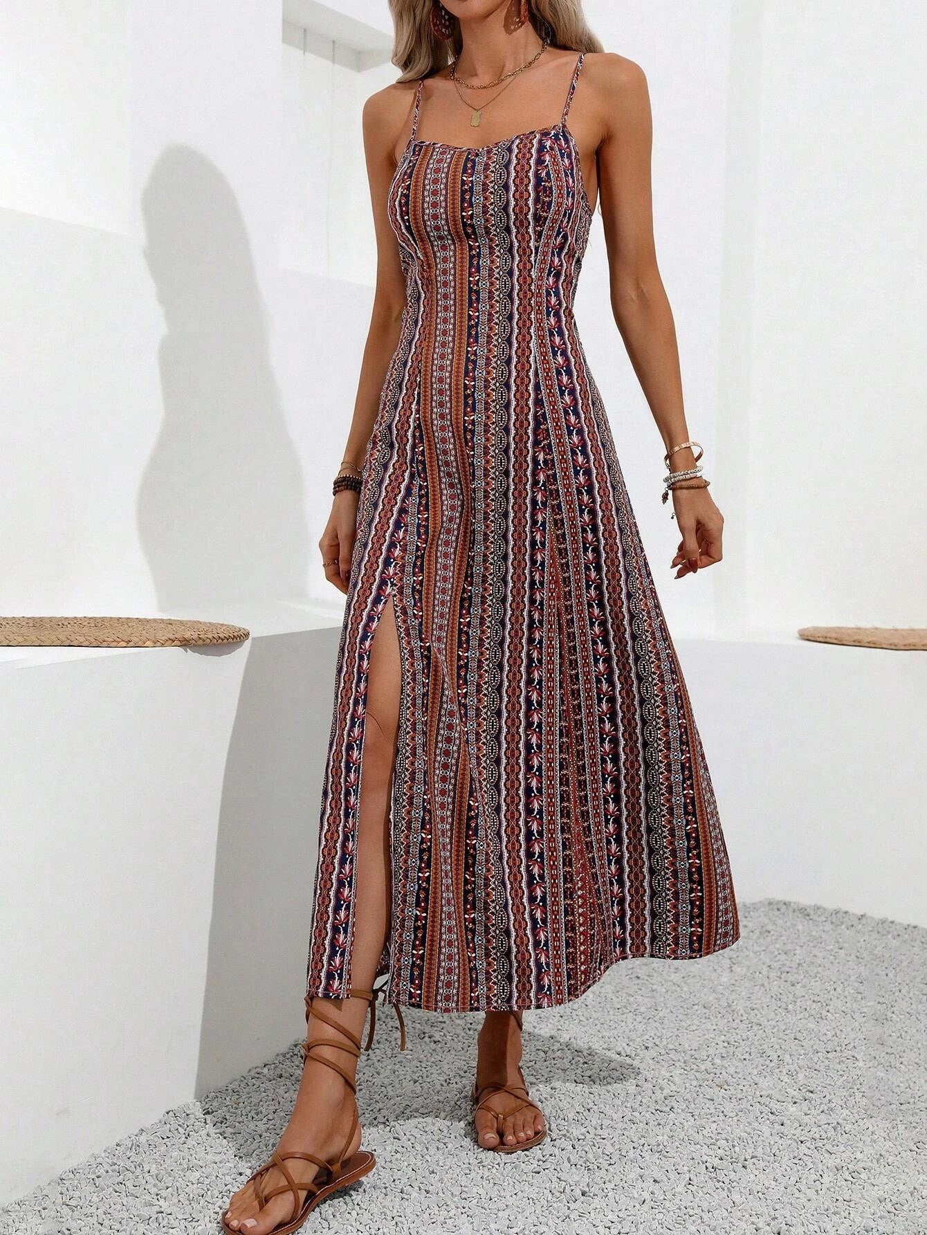 Printed Vacation Slim-Fit Split Cami Dress Super Stylish & Atmospheric Ideal for Daily Shopping Gatherings & Street Looks