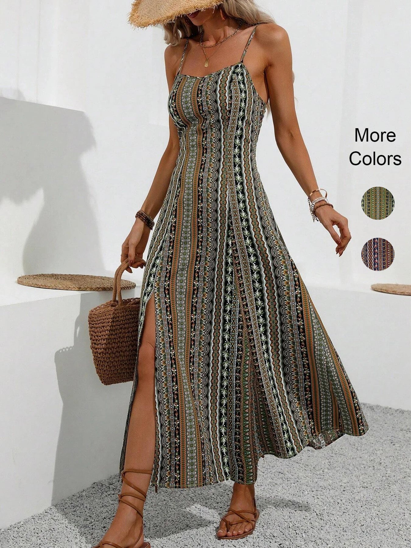 Printed Vacation Slim-Fit Split Cami Dress Super Stylish & Atmospheric Ideal for Daily Shopping Gatherings & Street Looks