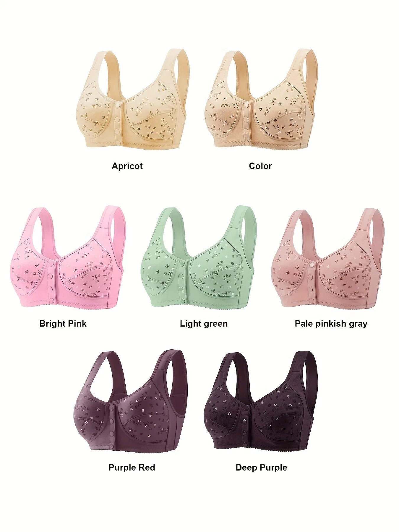 Women's Front Buckle Floral Bra – 7-Piece Set | Wire-Free Support & Breathable Lace