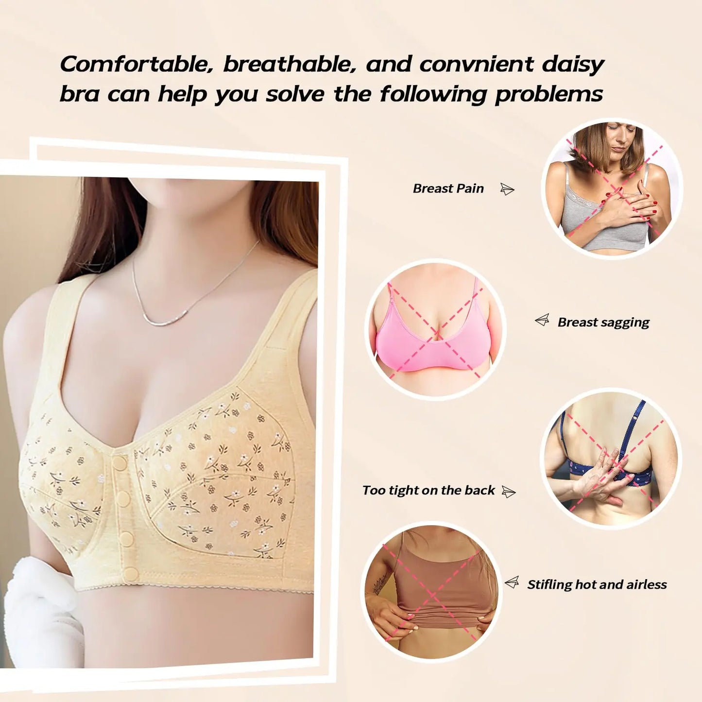 Women's Front Buckle Floral Bra – 7-Piece Set | Wire-Free Support & Breathable Lace