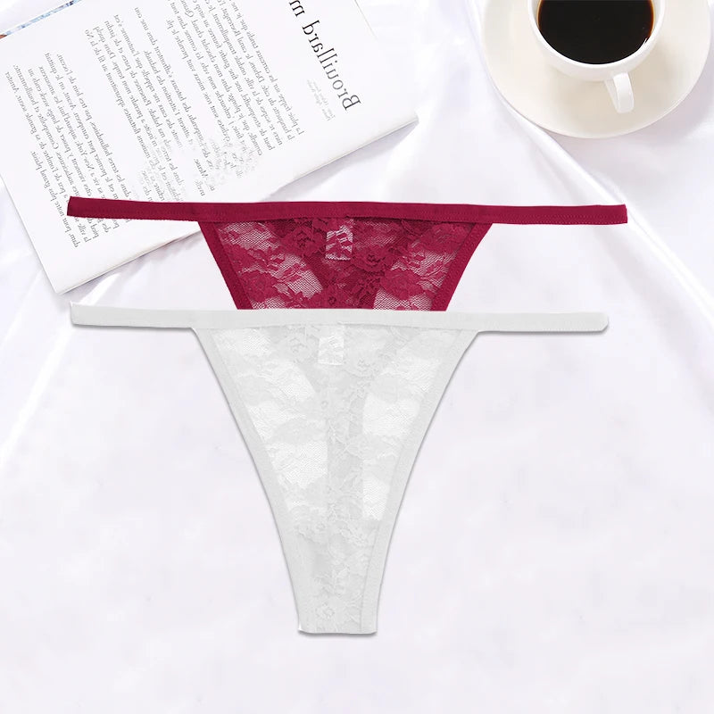 FINETOO 2PCS/Set Women Lace G-string Panties Thongs Sexy Underwear Pantys Low-Waist Femme Underpants Mesh Transparent  Lingerie