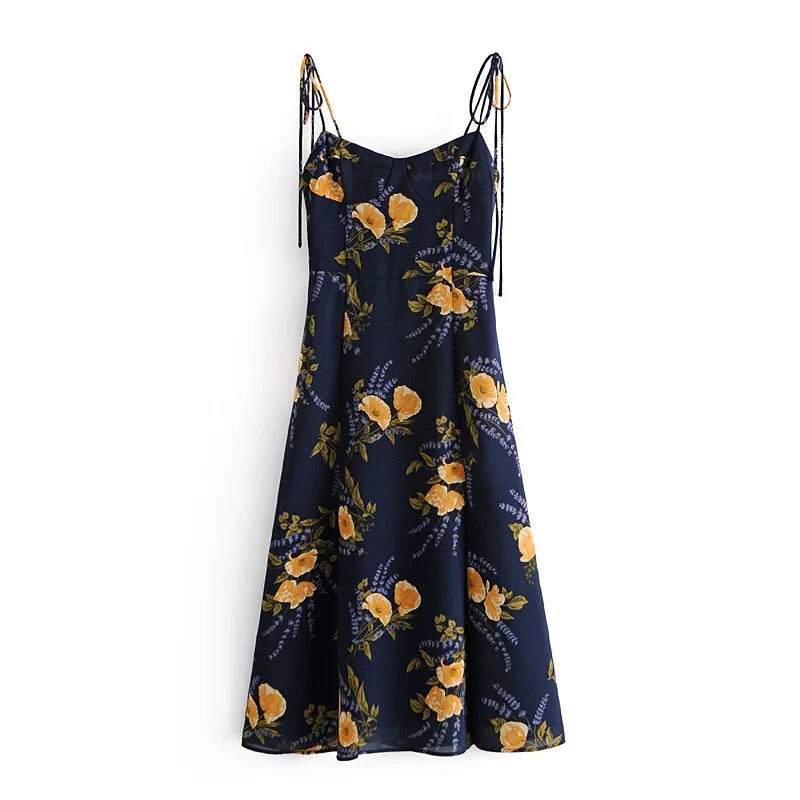 Navy Blue Floral Print Midi Slip Dress — Tie-Strap A-Line | Women's Summer Dress