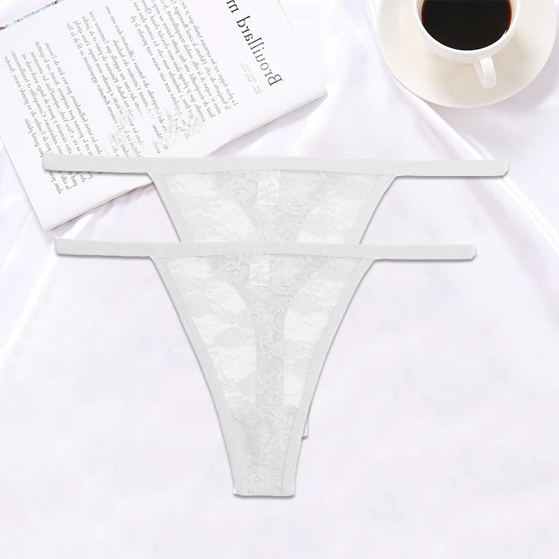 FINETOO 2PCS/Set Women Lace G-string Panties Thongs Sexy Underwear Pantys Low-Waist Femme Underpants Mesh Transparent  Lingerie