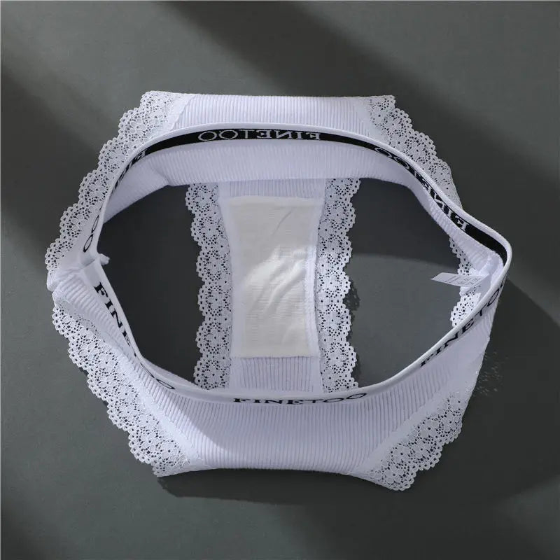 Hollow-Out Lace Brief with Letter Belt – Sexy Cotton Underwear for Women (M–2XL, 7 Colors)
