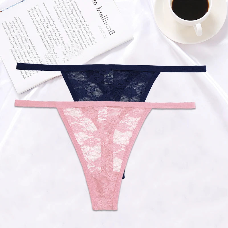 FINETOO 2PCS/Set Women Lace G-string Panties Thongs Sexy Underwear Pantys Low-Waist Femme Underpants Mesh Transparent  Lingerie