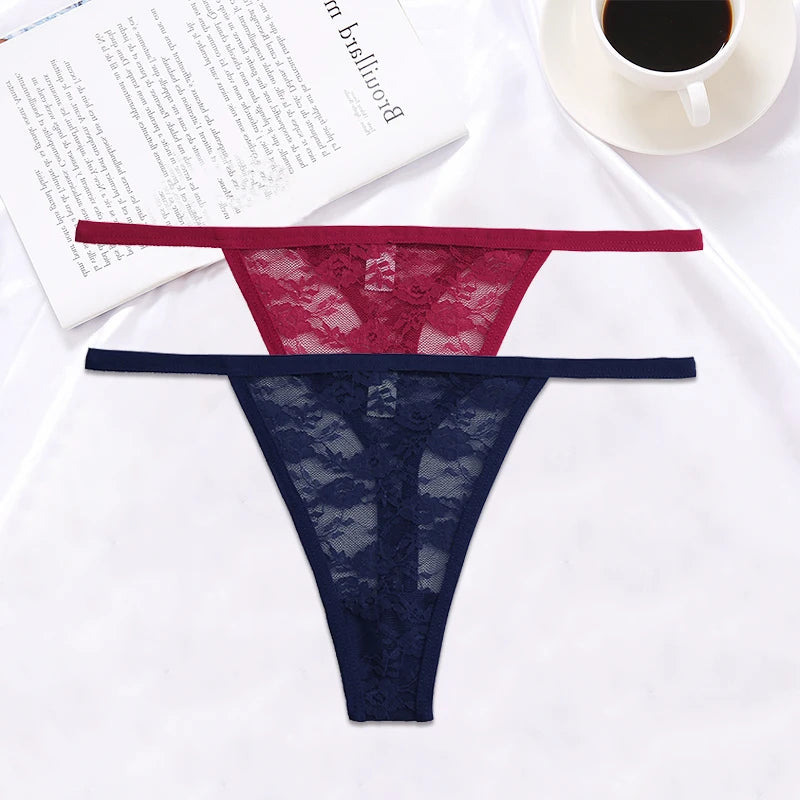 FINETOO 2PCS/Set Women Lace G-string Panties Thongs Sexy Underwear Pantys Low-Waist Femme Underpants Mesh Transparent  Lingerie
